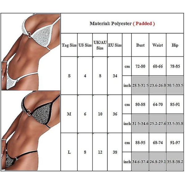 Sexy kvinner Rhinestone Crystal Push-up Bikini Set Badedrakt White L