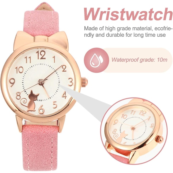 Barnklockor Söt kattdesign Quartz Armbandsur Läderarmband Analog Quartz Watch För flickor Studenter
