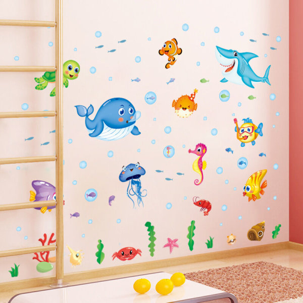 2st tecknade glada fiskar undervattensvärlden avtagbara väggdekaler (50*70cm med påse) dekorativa föremål