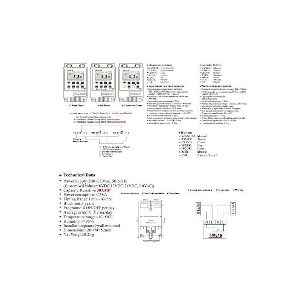 1x TM616-relekytkinohjelmoija, 12 V ajastinaikataulu sähköinen viikoittainen digitaalinen ajastinkytkin LCD-digitaalinäytöllä - valkoinen，