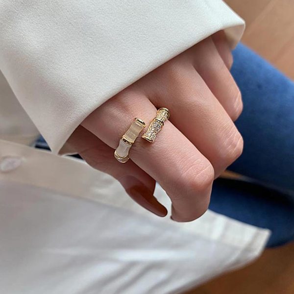 Damring Bambuform Justerbar öppning Cubic Zirconia Inlagd Damcirkel för dagligt bruk