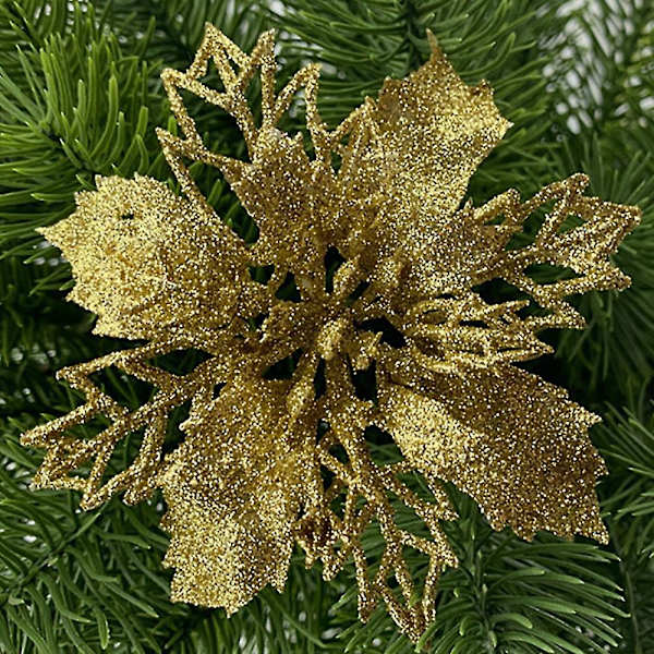 Julestjerne Glitter Flower Xmas Tree Hanging Decor Gold 10Pcs