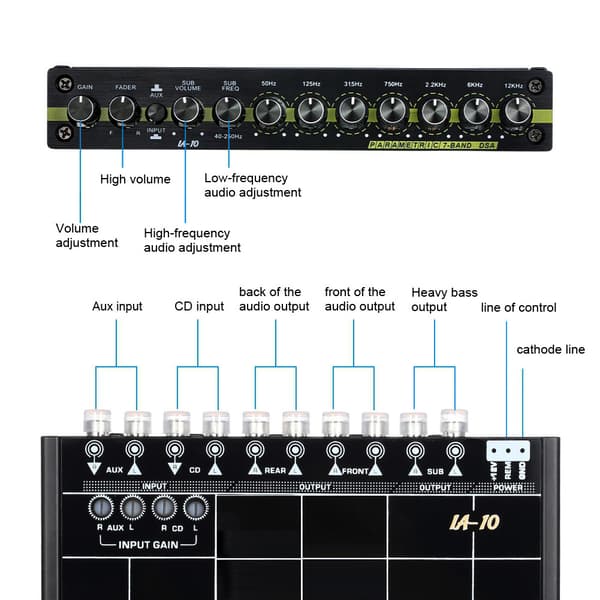 7-bands bilstereo grafisk equalizer med 3,5 mm aux-ingång och kontrollknapp