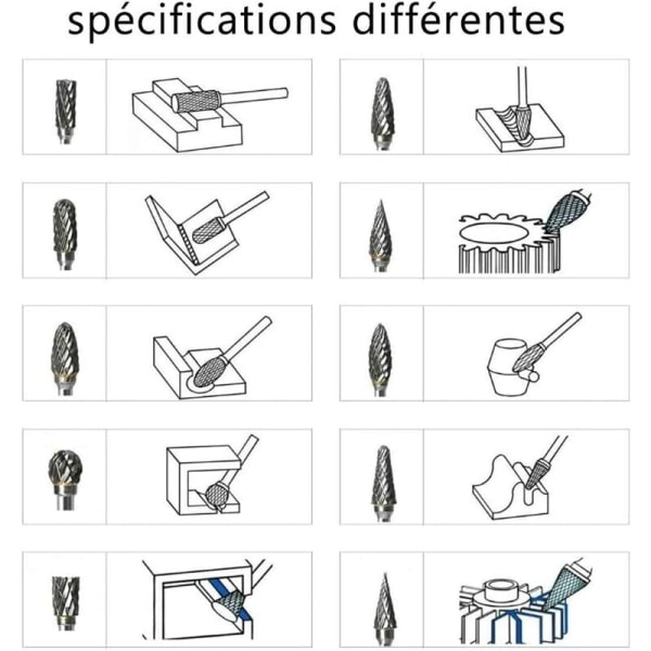Hårdmetall Burr Set Roterande Filer Tungsten Stål 10st Skärhuvud Diameter för 3mm skaft 6mm skaft Borr Snider metall