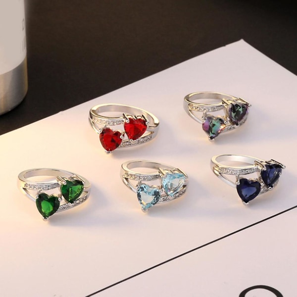 Damemote Dobbel hjerteform Cubic Zirconia Innlagt fingerring smykkegave Sea Blue US 9