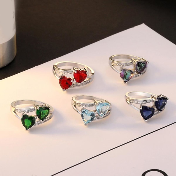 Kvinder mode dobbelt hjerte form Cubic Zirconia indlagt finger ring smykker gave Blue US 7