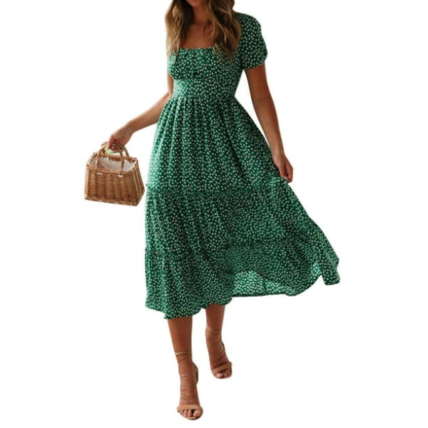 Hot kvinders korte ærmer blomsterprint sommer afslappet mellemlængde swing kjole Green 2XL