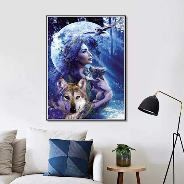 Tee-se-itse 5D diamond painting täys pyöreä porasarja tekojalokivikuvaaskartelu kodin seinän sisustukseen 30x40cm nainen ja susi metsässä,