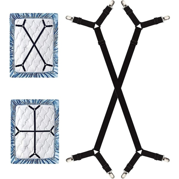 2st justerbara långa lakanshållare Lakanklämmor, justerbara korsspännare, passar alla fyrkantig madrass - svart