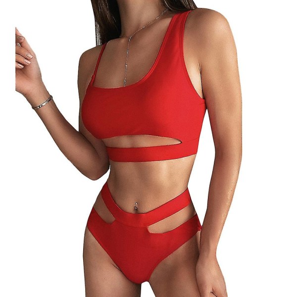 kvinnor Vadderat bandage Badkläder Bikini Set Beach Baddräkt Hollow Out Baddräkt Red L