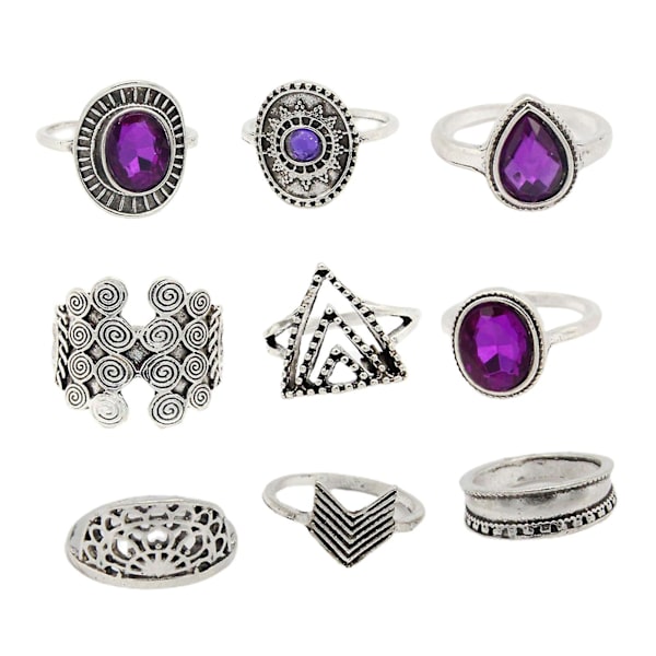 9kpl / set Water Drop Pinottavat rystyssormukset metalliseos Bohemia Purple Faux Gem Sormukset Korutarvike