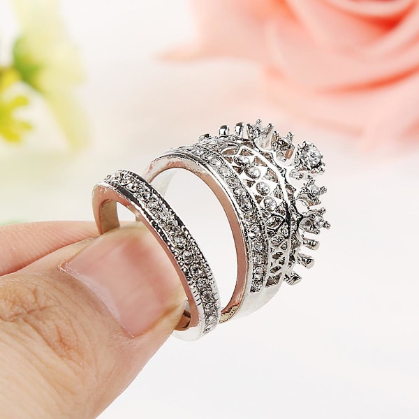 2 stk Kvinder Mode Krone Tiara Ring Indlagt Fuldt Rhinestone Legering smykker Gave Silver CN16