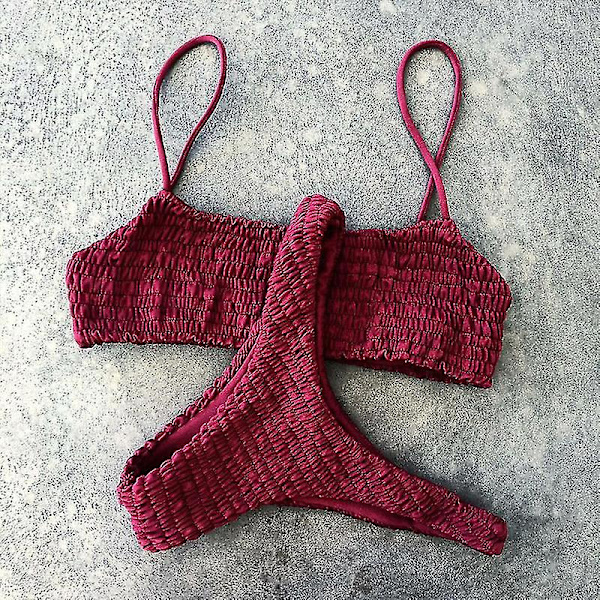 Kvinder Sommer Crinkle Bikini Sæt Plain Badetøj Badedragt Red L