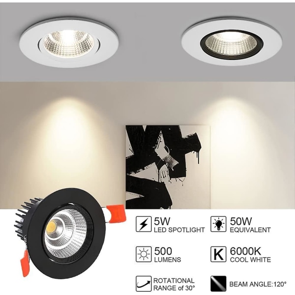 6 x led downlights, 5w infällda taklampor, varmvit Ip44 för badrum, kök, vardagsrum, hall (svart)