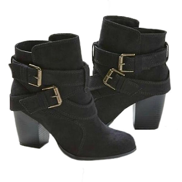 Kvinder spænde ankelstøvler Mid Block Heel Booties Sko Black 42