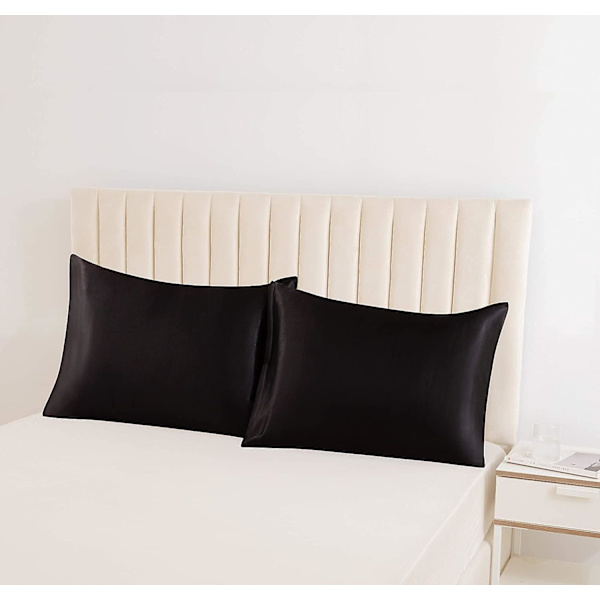 Satiinityynyliina hiuksille ja iholle tyynyliina silkkityynyssä 2 joustavaa tyynyliinaa, 2 queen-size-vuoteen paketti kirjekuoren sulkemisella King 20x40 Inches Black