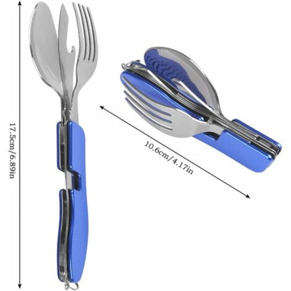 Rustfrit stål bestiksæt til camping 3 i 1 foldebestik Bærbart foldebestik til rejser 10,6 cm Blå