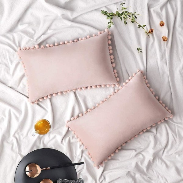 Pakke med 2 fløjlspudebetræk Pompom dekorative pudebetræk Solid blødt pudebetræk med poms Firkantet til sofa Sofa Soveværelse Bil 18x18inch Da 12 x20 Pink