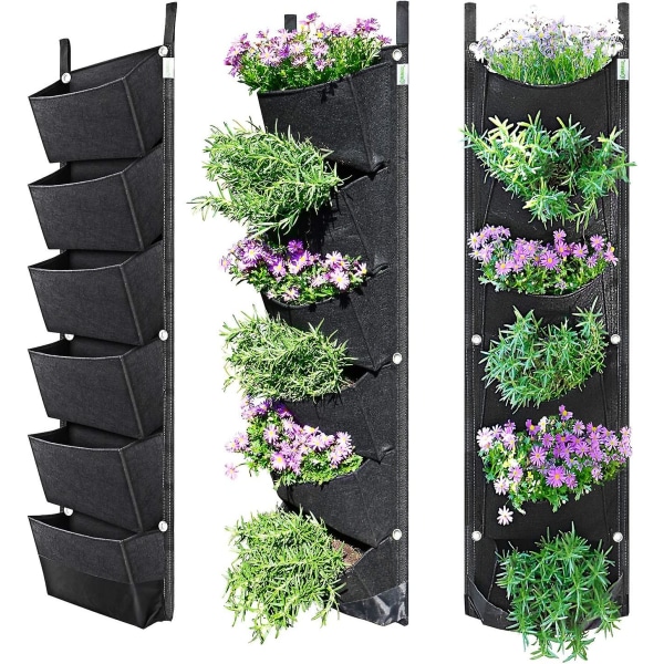 Vertikal Grow Bag, 6 Fickor Väggmonterad Grow Bag For Indoor & Outdoor Blommor Örter Suckulenter Strawberry - Svart 1 Styck