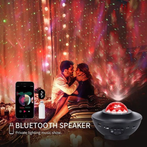 Stjärnprojektion Ljus Vattenmönster Laser Stämningsljus Musik Bluetooth USB Starry Sovrum Nattlampa, svart