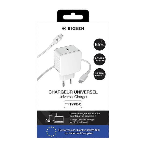 Opladerpakke 65W Power Delivery USB-C Oplader med 2m USB-C til USB-C Kabel, Hvid White