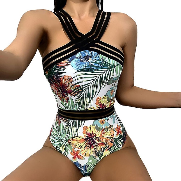 Kvinder Blomster Boho Monokini Badetøj Sommer i et stykke White XL