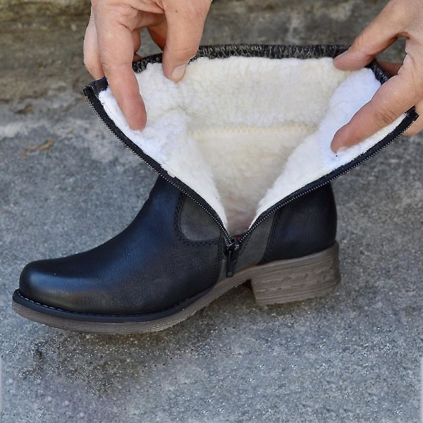 Kvinnor Flat Block Ankel Boots Vinterfodrade Stretch Skor Black 36