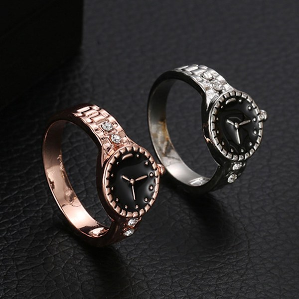 Watch Shape Rhinestone Alloy Pointer Round Dial Par Finger Ring För Cocktail Party Silver US 8