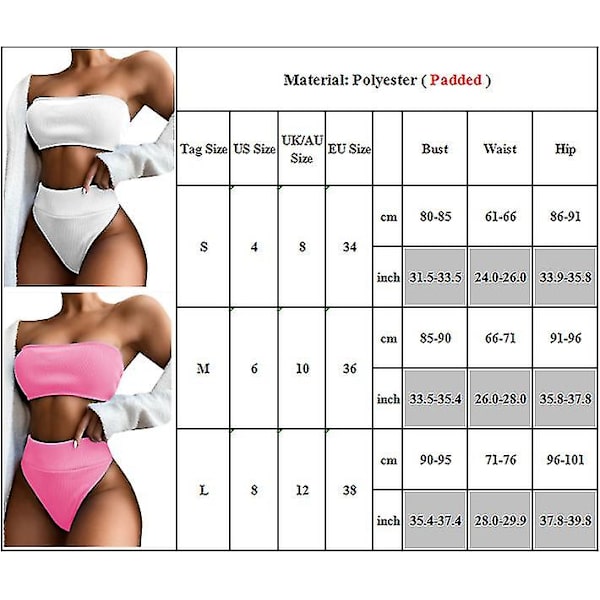Dam Bandeau hög midja simdräkt Bikini Set Baddräkt Pink M