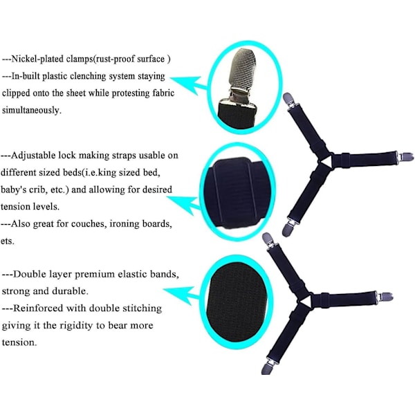 4 kpl säädettävät lakanan kiinnikkeet Joustavat kolmion henkselit Tarraintukihihnan pidike lakanoihin, patjanpäällisiin, sohvatyynyyn ja käsinojaan