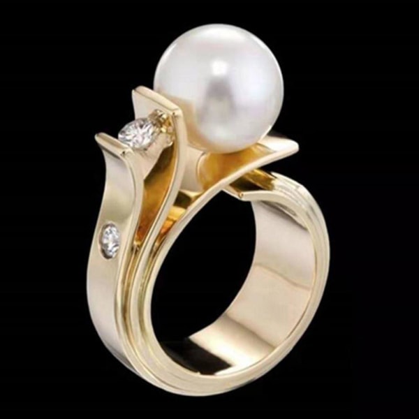 Mode Kvinnor Faux Pearl Geometrisk Finger Ring Bröllop Engagemang Smycken Gift White and Golden US 6