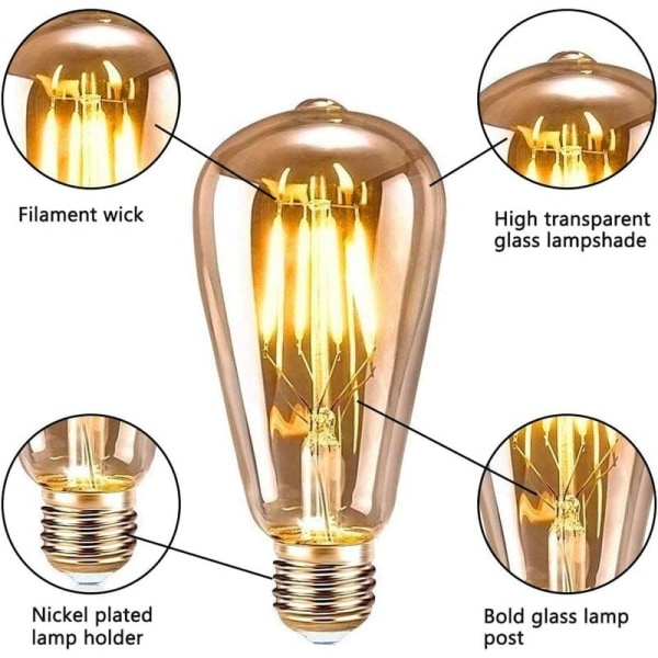 4W Edison LED-glødelampe E27 ST64 (=40W dekorative glødepærer), 470Lm Varm hvid 2700K, Vintage Lampe Retro Bu