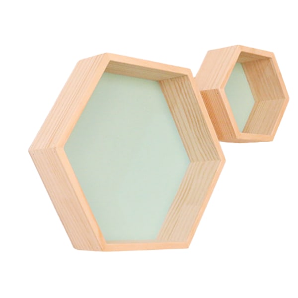 Massivt trä vägghylla display hylla, honeycomb hexagonal form (stor + liten, grön)