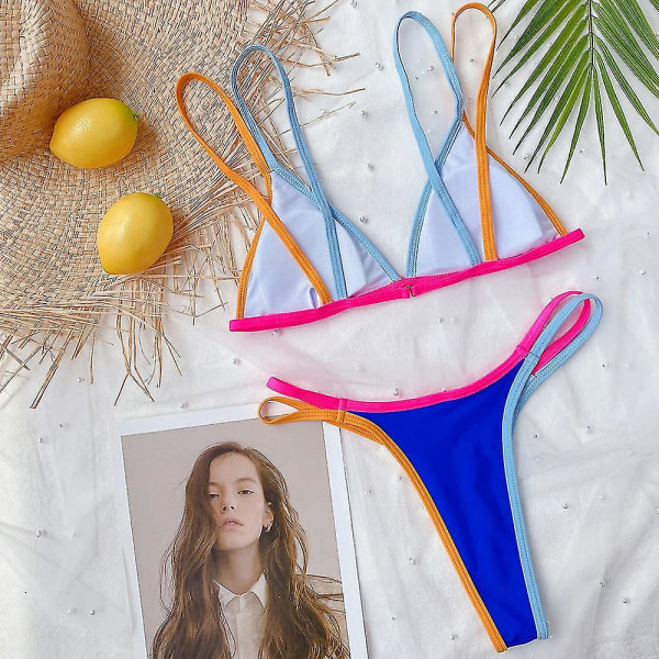 Kvinder Color Block Badedragt Bikini Sæt Thong Badetøj Blue M