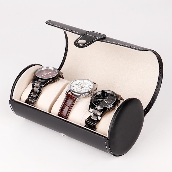 3 sylinterimäinen nahkainen watch säilytyslaatikko 19*9cm (musta)