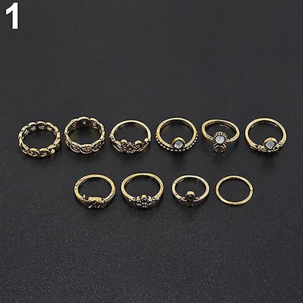 10 stk/sett Retro Boho Elephant Flower Moon Above Knuckle Midi Finger Ring smykker Gold