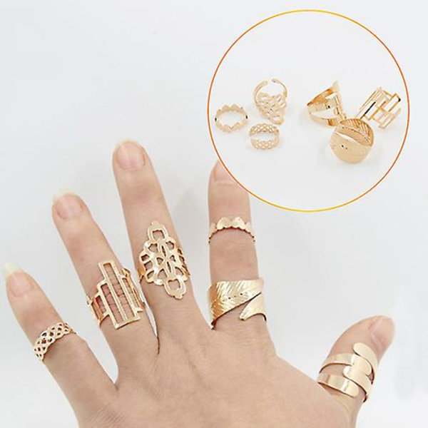 6 stk Damemode Golden Tone Leaf Heart Hollow Midi Knuckle Finger Rings Set