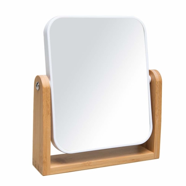 Sminkspegel med stativ i naturlig bambu, 8 tums 360 graders vridbar spegel, bärbar bordsspegel för badrum, smink