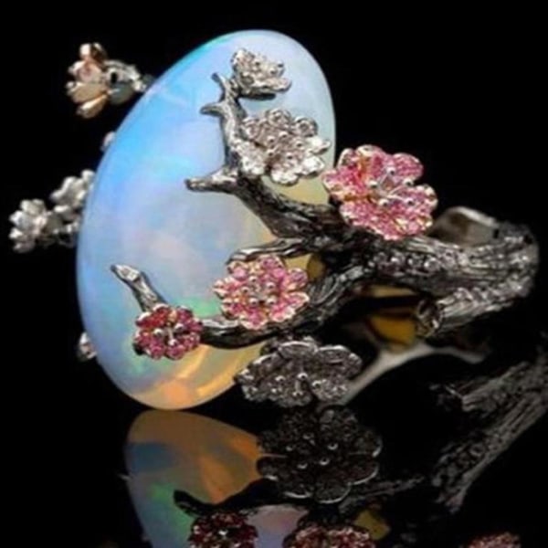 Vintage Kvinder Faux Opal Plum Blossom Flower To Tone Finger Ring smykker gave US 8