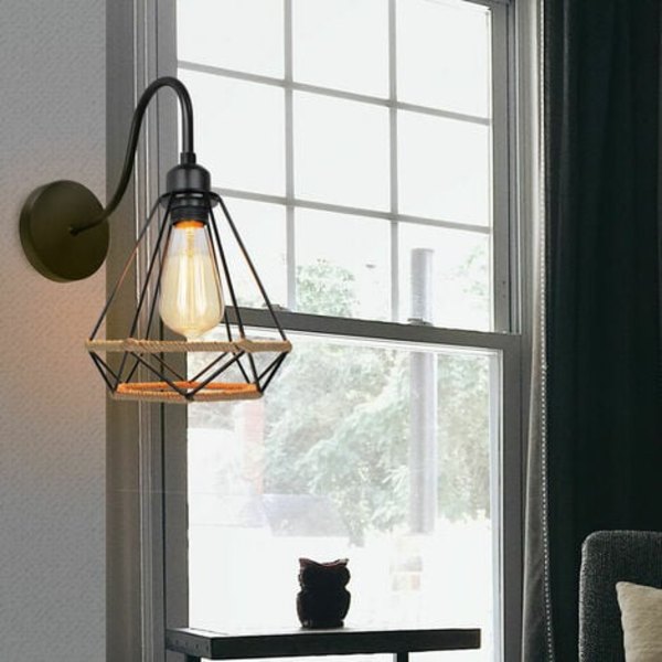 Retro Hamp Rope Væglampe E27 Metal til Soveværelse Stue Loft Sort - Sort