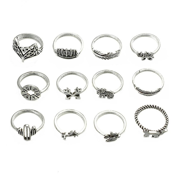12 stk/sæt Leaf Fox Elephant Design Ringe Lady Vintage Knuckle Midi Stacking Ring