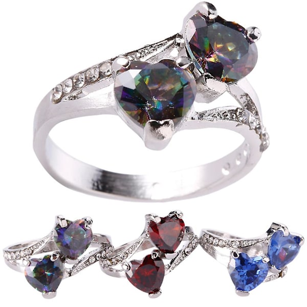 Mote Kvinner Luksus Cubic Zirconia Rhinestone Innlagt Dobbel Love Heart Ring Multicolor US 9