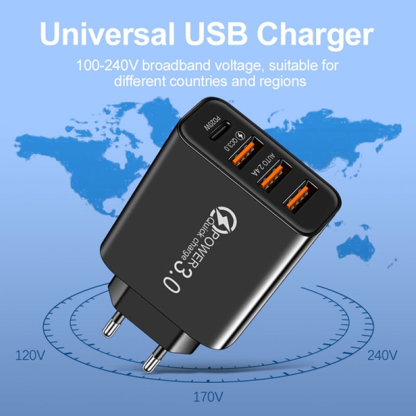 Quick Charge 3.0 USB Vegglader og USB C-kabel, QC 3.0 30W/6A 4 Port Fast Wall Charge Universal Multiple USB Power Adapter for Samsung Galaxy S10/S