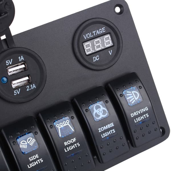 6-vejs LED-vippekontaktpanel med USB-stik, cigarettænderstik og voltmeter til bil og båd