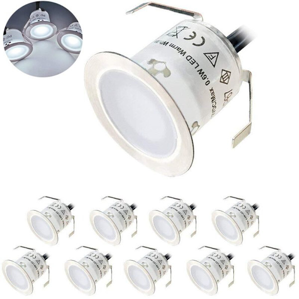 Paket med 10 Utomhus infälld LED-spotlight, IP67 vattentät, varmvitt ljus 3000K, golvlampa 32MM 0,6W DC12V för Pathw