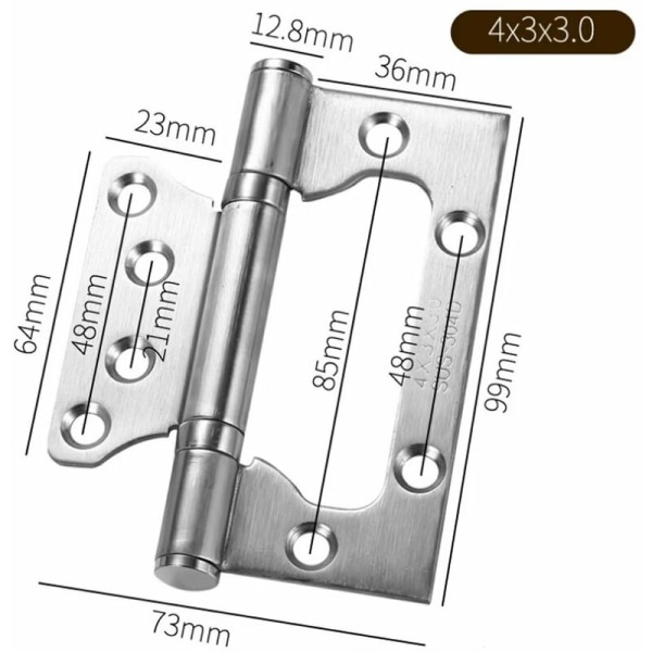 3 stk rustfrit stål hængsler, rektangulære blade 100 mm dørhængsler,