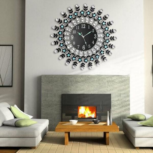 23,6 tommers moderne 3D-krystallveggklokke for stue, Glow In The Dark veggklokke, veggdekor i soverom spisestue, vit