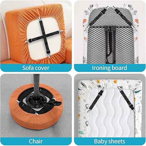 8 stk (20 cm til 100 cm) Ladenbårer, Justerbar Ladenclips, Hold-down-bårer passer til alle senge, madras og sofa (sort)