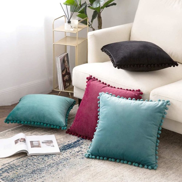 Paket med 2 Sammets-kuddfodral Pompom Dekorativa örngott Solida mjuka kuddfodral Med Poms Fyrkantig För Soffa Soffa Sovrum Bil 18x18tum Da 24 x24 Light Green