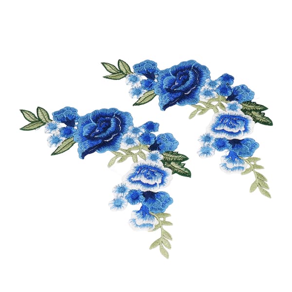 2 st Blå Ros Blommönster Polyester Silke DIY Sömnad Broderi Patch för T-shirts Väskor
